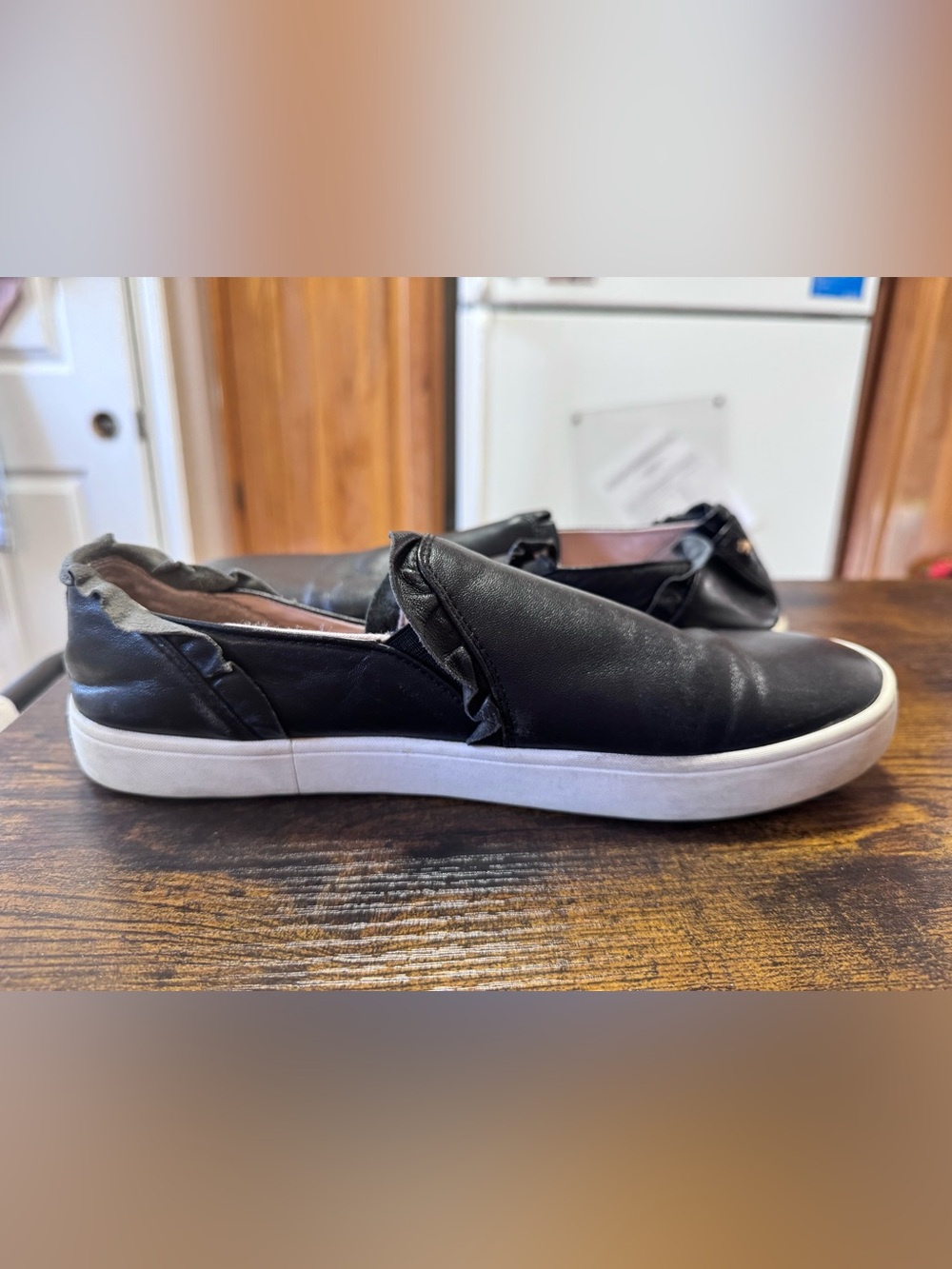 Kate Spade Ruffle Trim Black Leather Slip On Sneakers - 9.5